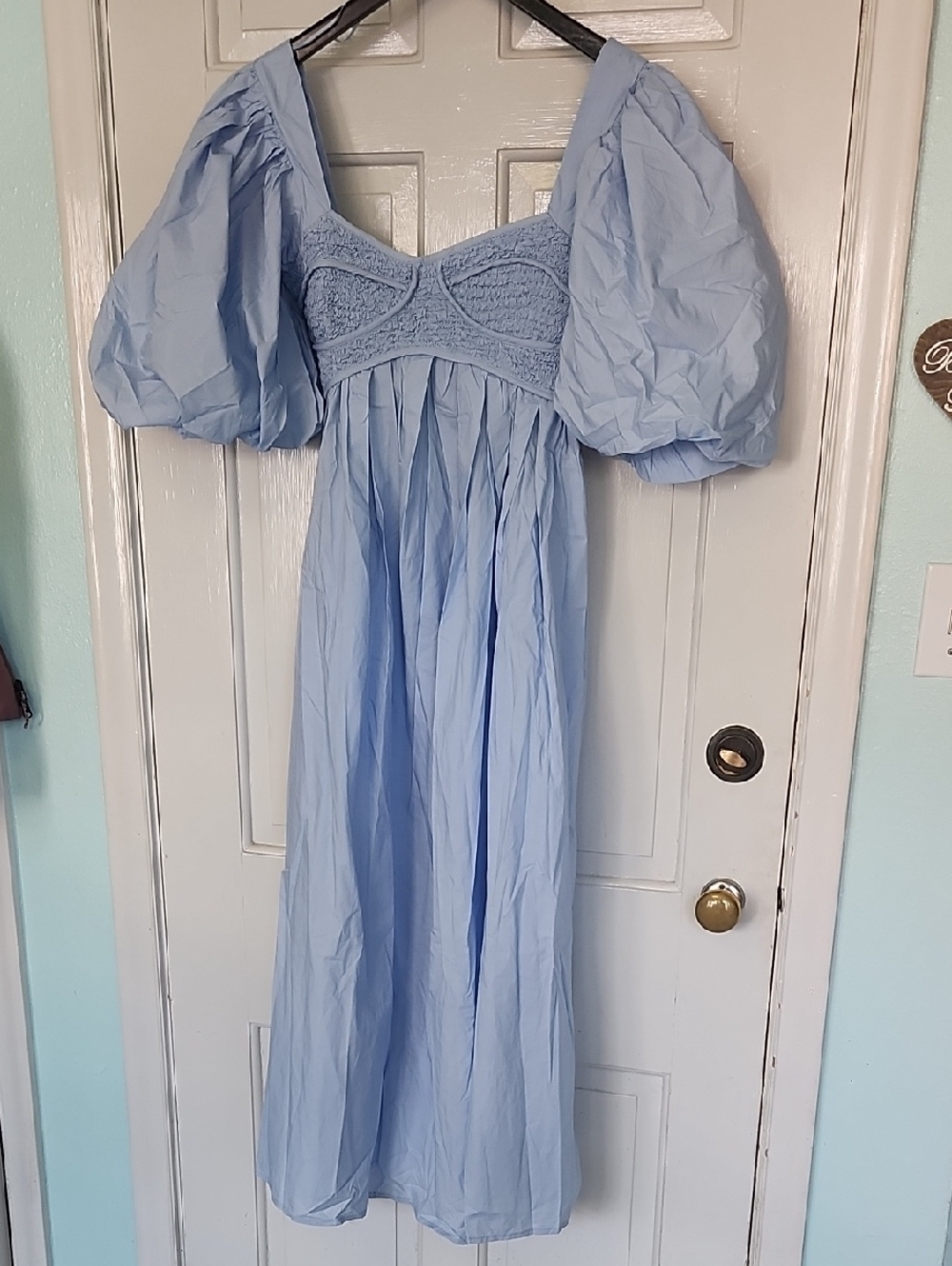 Puff-Sleeve Light Blue Maxi Dress with Smocked Bodice